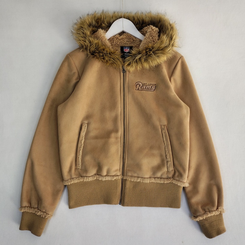 NFL St. Louis Rams Faux Suede Shearling Hooded Jacket Tan Women M